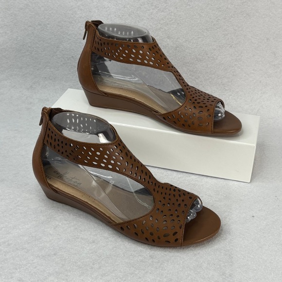 Clarks Collection Womens Sz 7 Abigail Ruby Brown Leather Open Toe Wedge Sandals - Picture 1 of 7